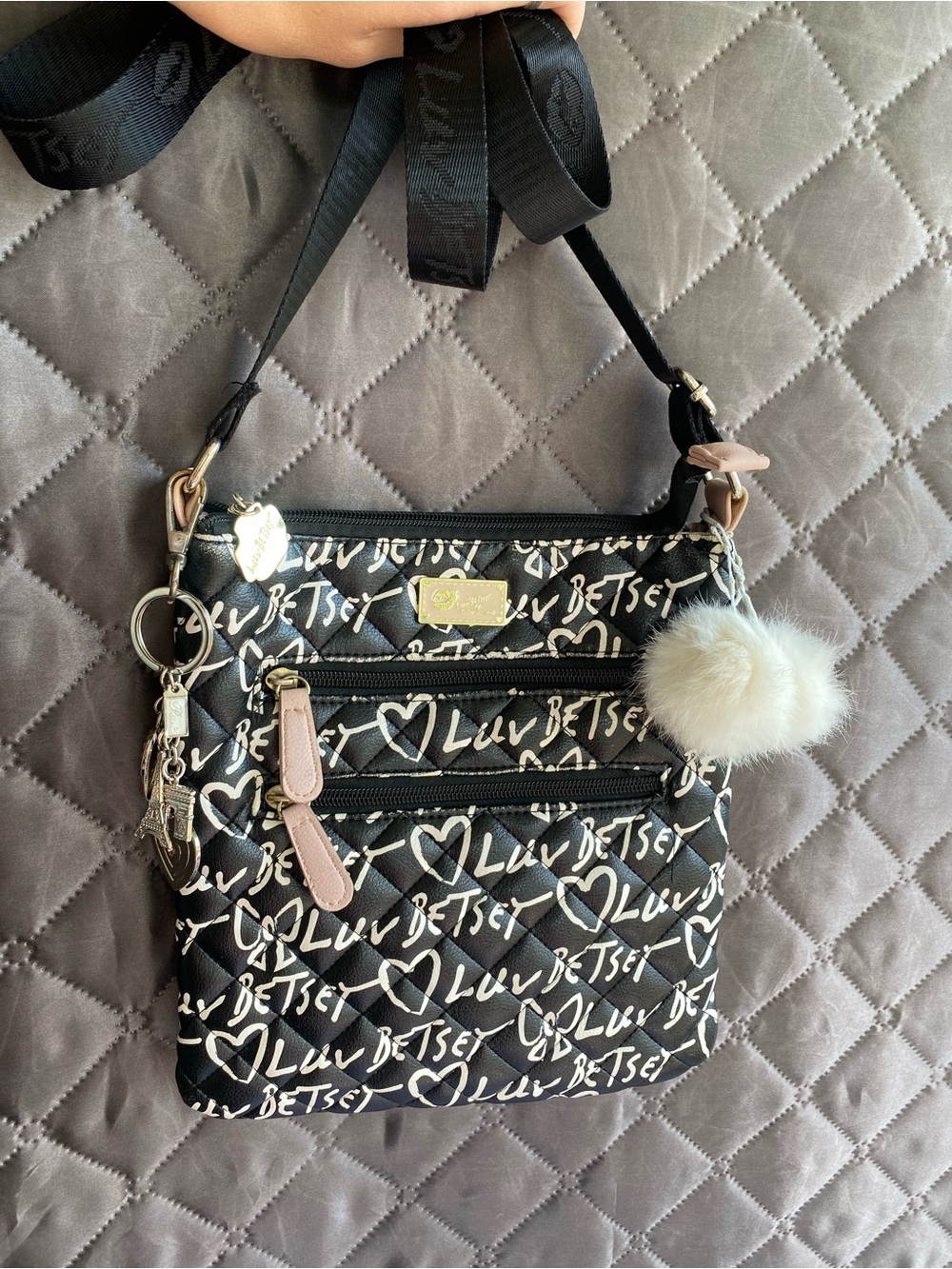 Luv Betsey by Betsey Johnson Quilted Graffiti Crossbody Bag rabbit fur charms